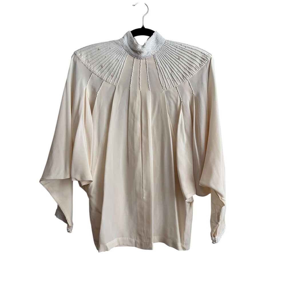 Vintage Della Roufogali Silk Blouse | 80s Full Beaded Mock Neck Dolman Top 6